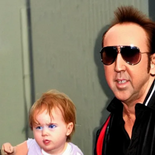 Image similar to baby nicolas cage skateboarding