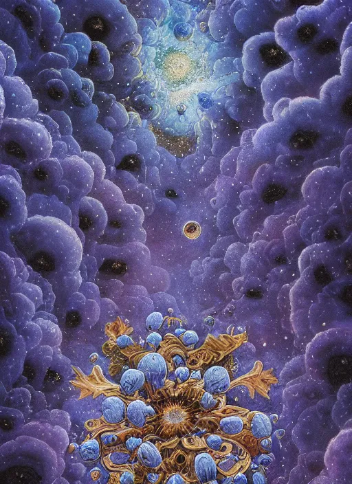 Image similar to detailed, intricate blue black and purple papaverum flower on the field, nebula, galaxy in the sky, winning award masterpiece, fantastically beautiful, illustration, aestheticly inspired, jacek yerka, upscale with anguissola sofonisba work, artstation, 8 k