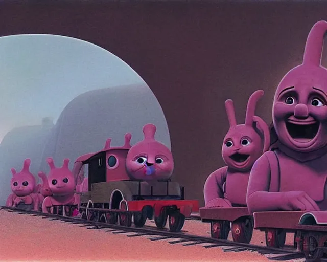 Image similar to still frame from thomas and friends by wayne barlowe, happy teletubbies train by wayne barlowe, eldrich thomas train by beksinski, grandiose demonic train with locomotive and endless wagons, 🚂🚂🚂