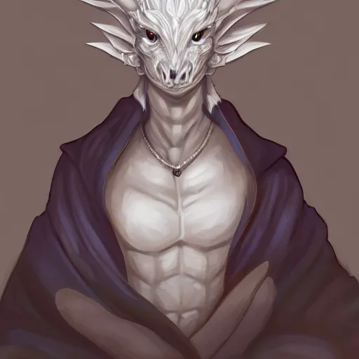 Prompt: very very beautiful half body portrait of a handsome young anthropomorphic silver dragon, soft draconic features, cute large eyes, male, wearing a luxurious silk cloak, commission on furaffinity, artstation, high quality digital art, warm colors