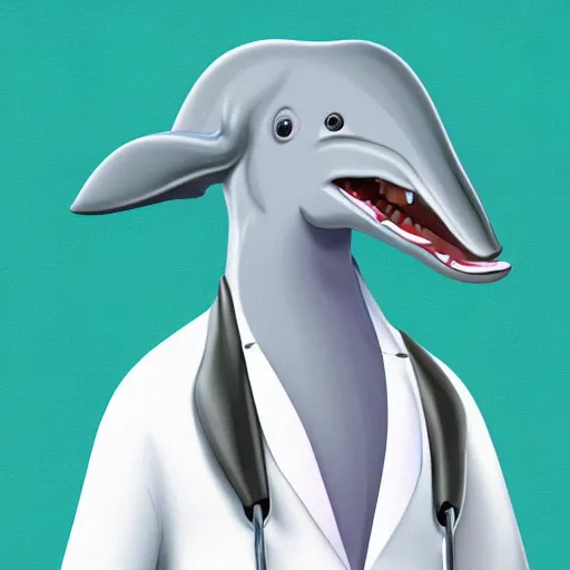Image similar to An anthropomorphic grey dolphin wearing a white lab-coat, digital painting, close-up