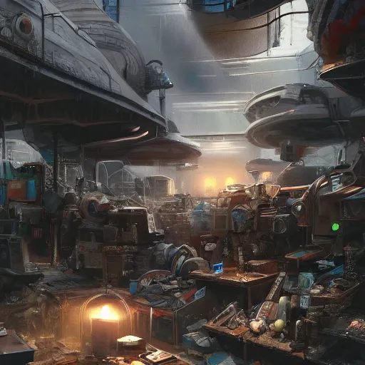 Image similar to scifi junkshop, digital art, photoreal, unreal engine, featured on artstation