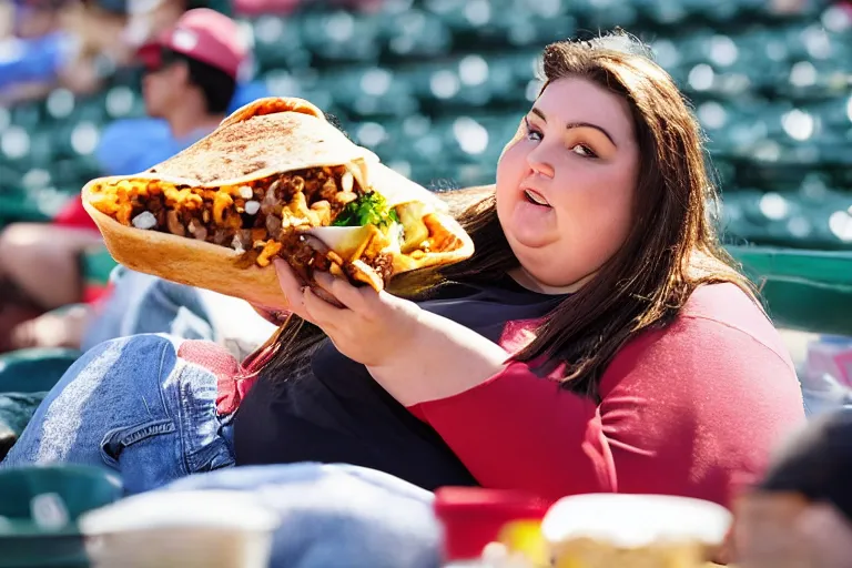 Image similar to obese woman eating a giant burrito sitting at a baseball game, photograph,