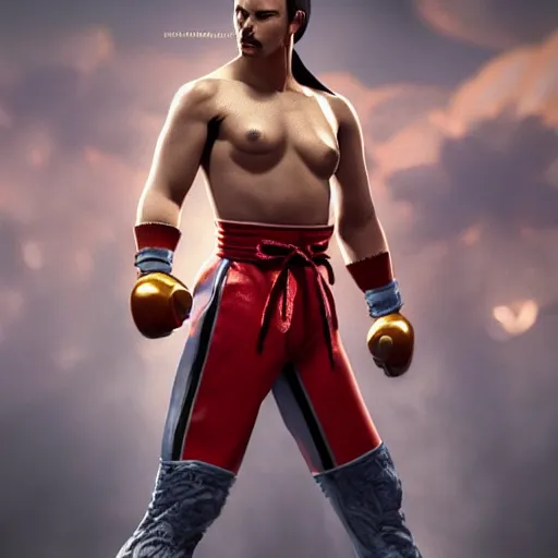 Prompt: freddy mercury as ken street fighter, ultra realistic, concept art, intricate details, highly detailed, photorealistic, octane render, 8 k, unreal engine, art by frank frazetta, simon bisley, brom