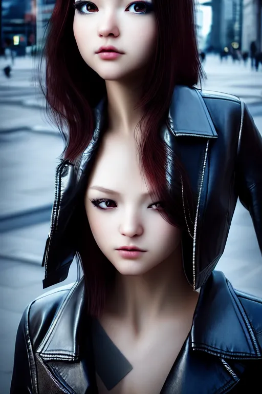 Prompt: extremely beautiful aesthetic girl with leather jacket staring at the camera in the urban city, occlusion shadow, specular reflection, rim light, unreal engine, octane render, artgerm, artstation, art by hiroaki samura and jiro matsumoto and yusuke murata, high quality, intricate detailed 8 k, beautiful shape of face and body, sunny day