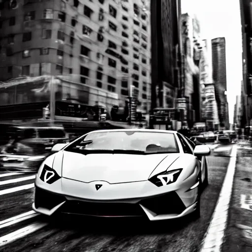 Image similar to a mushroom in a lamborghini speeding through nyc, cinematic, motion blur