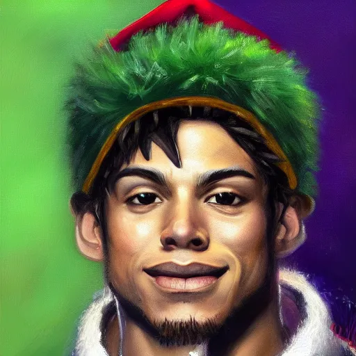 Image similar to an oil painting of a izuku midoriya wearing a hip - hop rap christmas hat drawn by frank frazetta, hd, hdr, ue 5, ue 6, unreal engine 5, 3 d, cinematic 4 k wallpaper, 8 k, ultra detailed, high resolution, artstation, award - winning pencil drawing