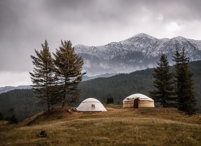 Image similar to a lone yurt on a hill overlooking cloudy mountains in the morning