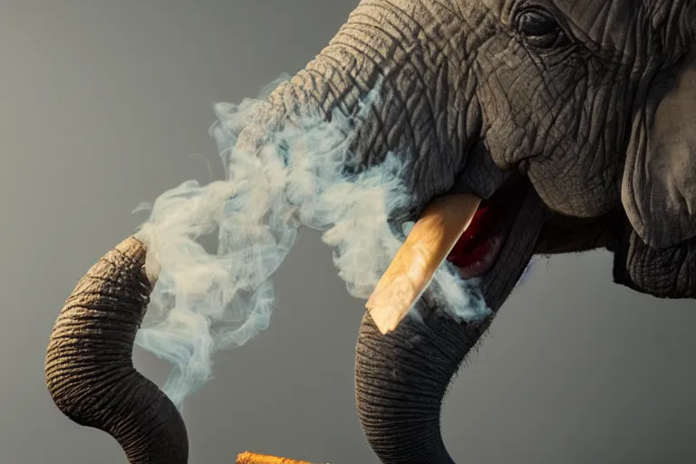 Prompt: ultra realistic photography, picture of ( subject : an elephant blowing smoke ). the scene is set in a gentlemens cigar lounge, a very smokey atmosphere, small thick clouds of cigar smoke, artstation, focus on the elephant, extremely detailed and crisply sharp photo, hyperrealistic smoke, figma, sigma, 4 k