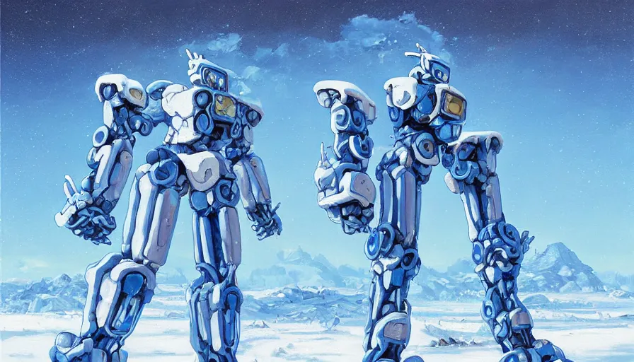 Image similar to an intricate oil painting of a giant pristine icey blue metal anime humanoid mecha with rounded components by simon stalenhag, icey tundra background