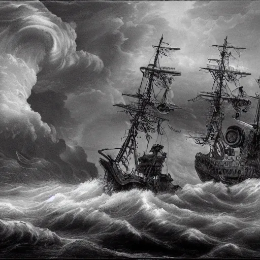 Image similar to a highly detailed scene of a ship being attacked by giant squid tentacles, dark, voluminous clouds, thunder, stormy seas, pirate ship, dark, high contrast