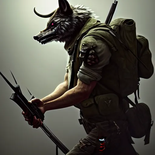 Prompt: demonic hunter with rifle, a wolve skull on his bag, by greg rutkowski, sharp focus, highly detailed, octane render, 4 k