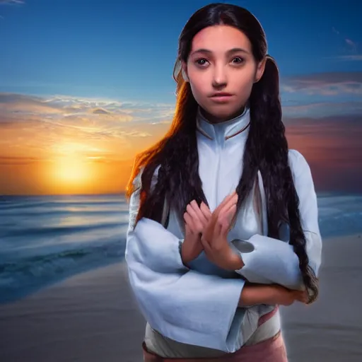 Prompt: photo, real life katara from avatar, beach, sand 7 2 8 4 5 intrinsic details, highly artistic, volumetric lighting