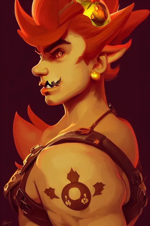 Prompt: a portrait of bowser from mario bros., fantasy, sharp focus, intricate, elegant, digital painting, artstation, matte, highly detailed, concept art, illustration, ambient lighting, art by ilya kuvshinov, artgerm, alphonse mucha, and greg rutkowski