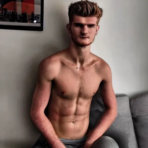 Prompt: a realistic detailed photo of a guy who is an attractive humanoid who is half robot and half humanoid, who is a male android, soccer player timo werner, shiny skin, posing like a statue, blank stare, in a living room, on display, showing off his muscles, with a twin