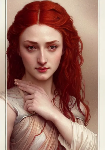 Image similar to portrait of red sansa stark, intricate, elegant, highly detailed, digital painting, artstation, concept art, smooth, sharp focus, illustration, art by artgerm and greg rutkowski and alphonse mucha and william - adolphe bouguereau