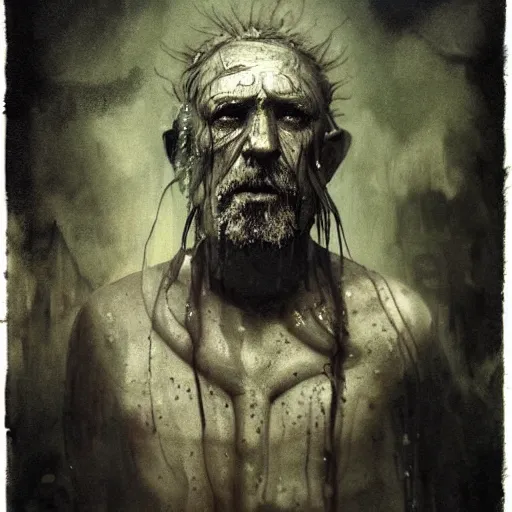 Image similar to wet collodion photography of innsmouth dweller mutant early xx century fisherman sailor old man with gills and scales creatures from the deep ocean by emil melmoth zdzislaw beksinki craig mullins yoji shinkawa realistic render ominous detailed photo atmospheric by jeremy mann francis bacon and agnes cecile ink drips paint smears digital glitches glitchart