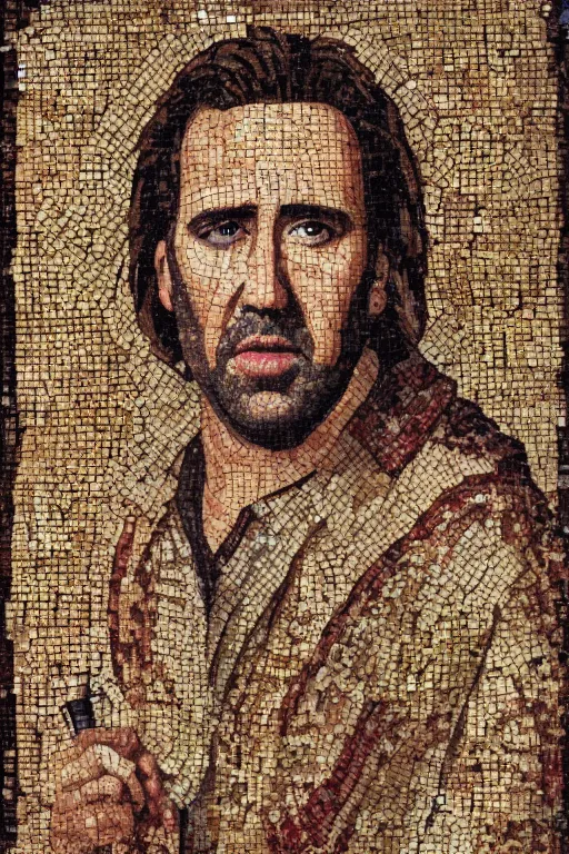 Prompt: Portrait of Nicholas Cage as a roman mosaic, 200 AD