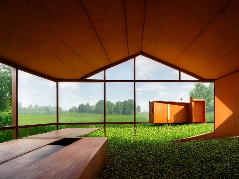 Image similar to hyperrealism design by frank lloyd wright and kenzo tange photography of beautiful detailed small house around the forest in small ukrainian village depicted by taras shevchenko and wes anderson and caravaggio, wheat field behind the house, volumetric natural light