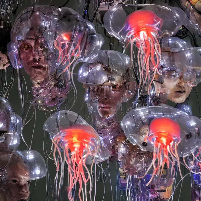 Image similar to a bunch of translucent cyborg man's heads which looks like jellyfish mixed with wires, neon lights, led diodes and radio parts scattered on the floor of the dark corner of the warehouse, high resolution, sci - fi, cyperpunk, bio - mechanical bio - luminescence, 8 k