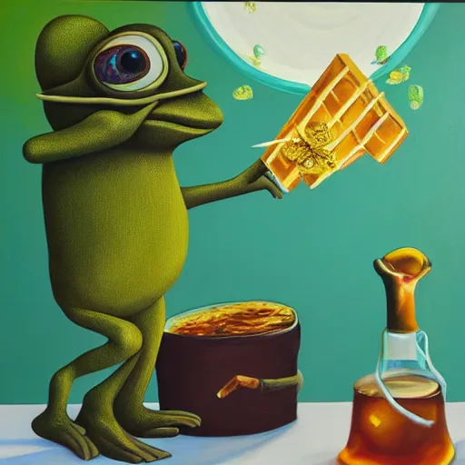 Image similar to pepe frog eating honey, surrealism, oil and acrylic on canvas, high detail