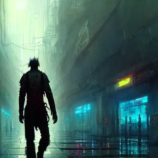 Image similar to an exhausted warrior wandering through a lost cyberpunk city from left to right, rainy day, radiant light, digital painting, art station, by les edwards, by greg rutkowski