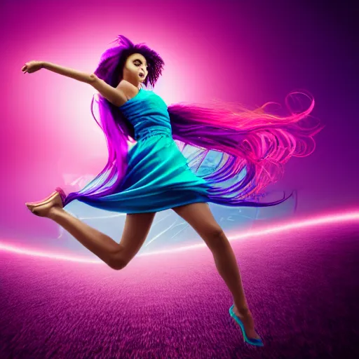 Image similar to a award winning half body shot of a beautiful woman in a croptop with a ombre purple pink teal hairstyle with head in motion and hair flying, outrun, vaporware, vivid colors, highly detailed, fine detail, intricate