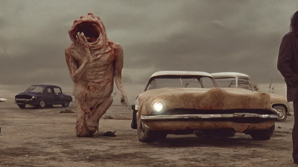 Prompt: the creature sells a used car, made of wax and blood, film still from the movie directed by Denis Villeneuve with art direction by Salvador Dalí, wide lens