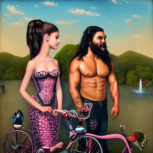 Image similar to ariana grande and jason momoa on a tandem, lowbrow painting by mark ryden