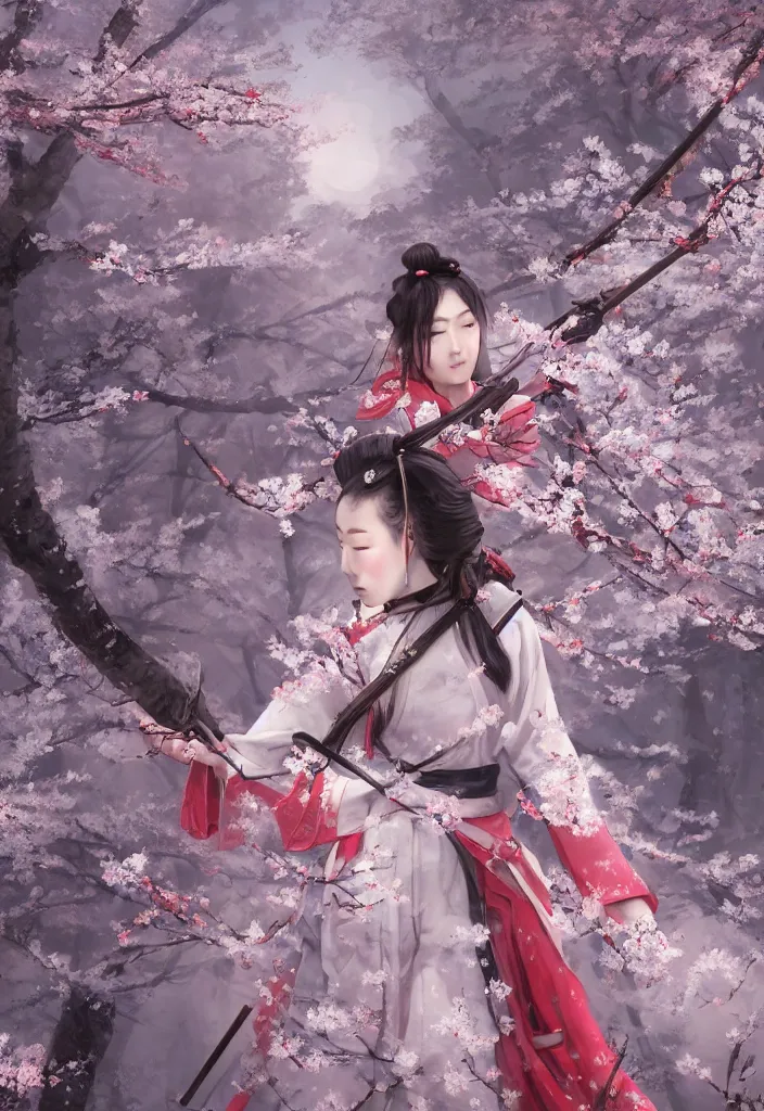 Image similar to detailed matte painting of girl samurai in hakama with swords and rifles, in snow forest sakura cherry blossom, taisho roman, by wlop and krenz kushart, elite, elegant, luxury, perfect face, fine details