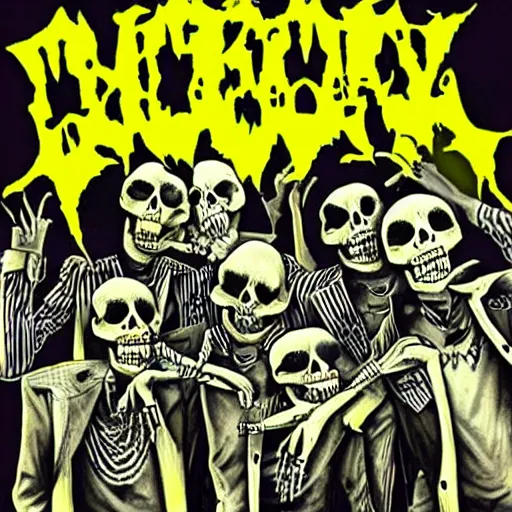 Prompt: spooky scary skeletons rap album cover, album cover