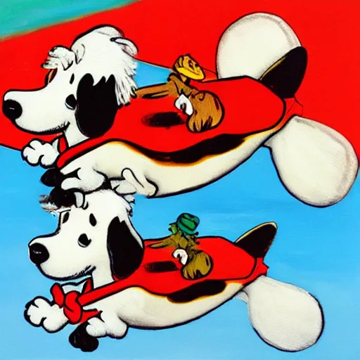 Image similar to 3 toy fox terriers flying a biplane, wearing red scarves flapping in wind, dramatic oil painting, snoopy the dog, style of charlie brown, aperture gradient