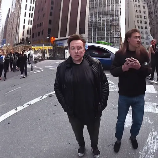 Image similar to bodycam footage of a homeless elon musk going crazy and scamming people, new york streets, wide angle, fisheye, uhd, 4 8 0 p, bodycam, paparazzi, bad quality, pov