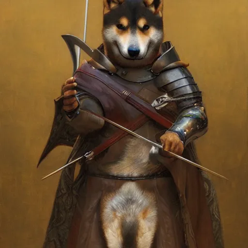 Prompt: anthropomorphic shiba inu, holding medieval crossbow aiming directly to camera, medieval armor, dark aura, fantasy, dark graveyard scene, portrait art by donato giancola and greg rutkowski, realistic face, digital art, trending on artstation, symmetry