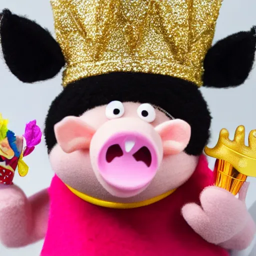 Prompt: pig at a party wearing a gold crowns as a Muppet holding a snack bag 8k