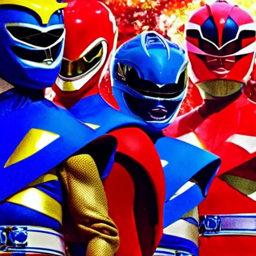 Prompt: Power rangers posing with explosion in the back, Blue Ranger in the middle signifying he’s the leader