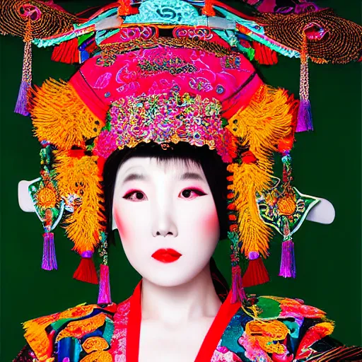 Prompt: impressive colorful portrait of a high fashion wudan girl in a chinese opera headdress