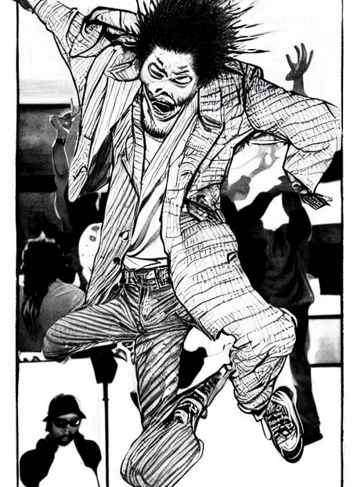 Prompt: a funky disco crackhead jumping around in the club, by takehiko inoue and kim jung gi, masterpiece ink illustration, realistic face and anatomy