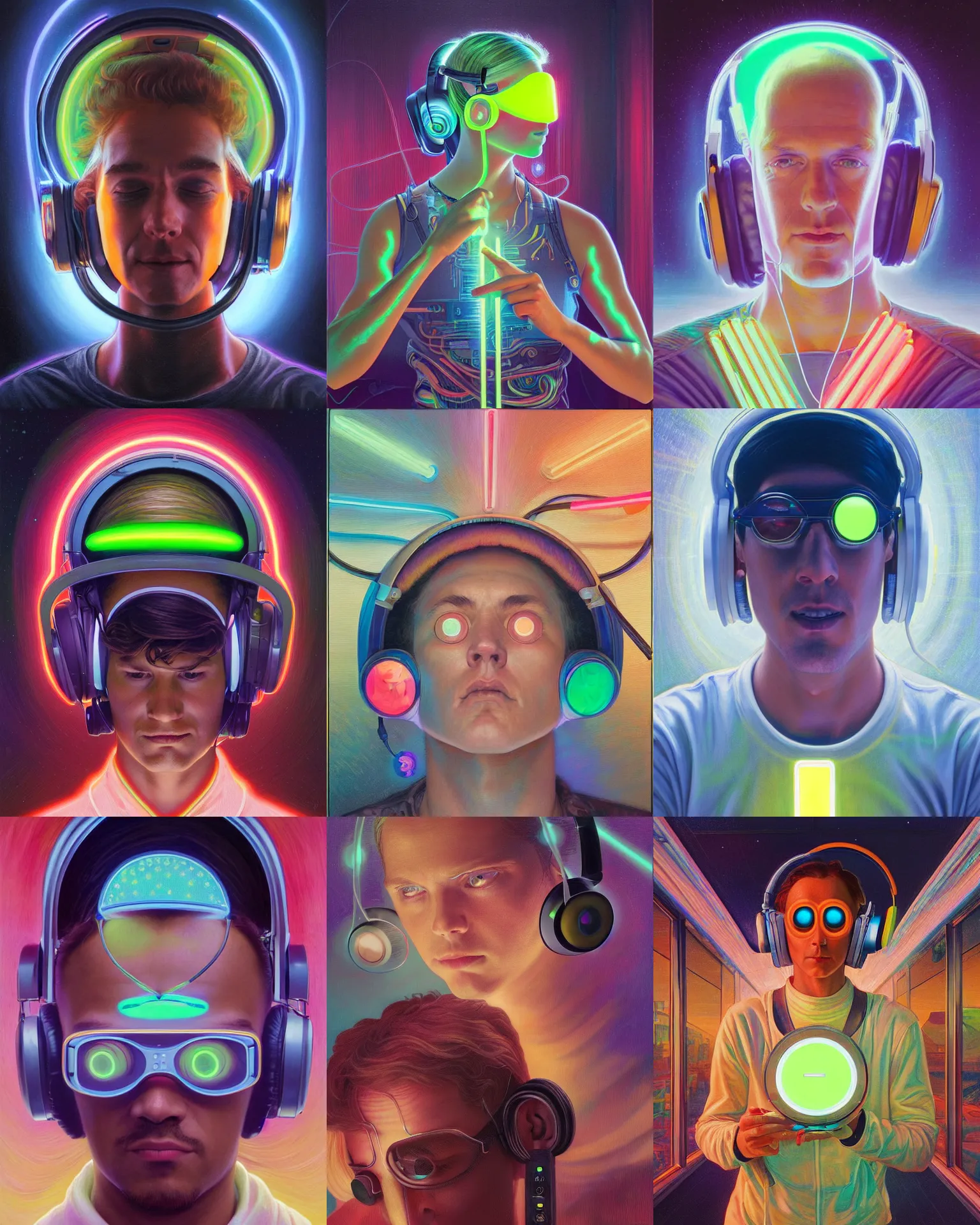 Prompt: future coder, glowing pencil thin visor over eyes and sleek neon headphones desaturated painting by donato giancola, dean cornwall, rhads, tom whalen, alex grey, alphonse mucha, astronaut cyberpunk electric fashion photography