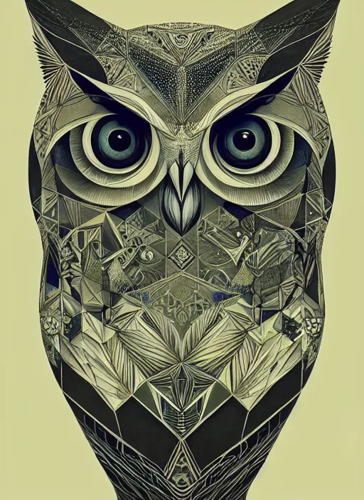 Image similar to portrait of a geometric owl, identical eyes, medium shot, illustration, full body made of white feathers, symmetrical, art stand, super detailed, cinematic lighting, and its detailed and intricate, gorgeous, by peter mohrbacher