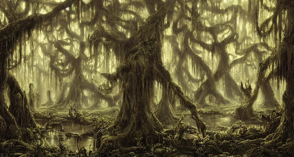 Image similar to A dense and dark enchanted forest with a swamp, by James Gurney