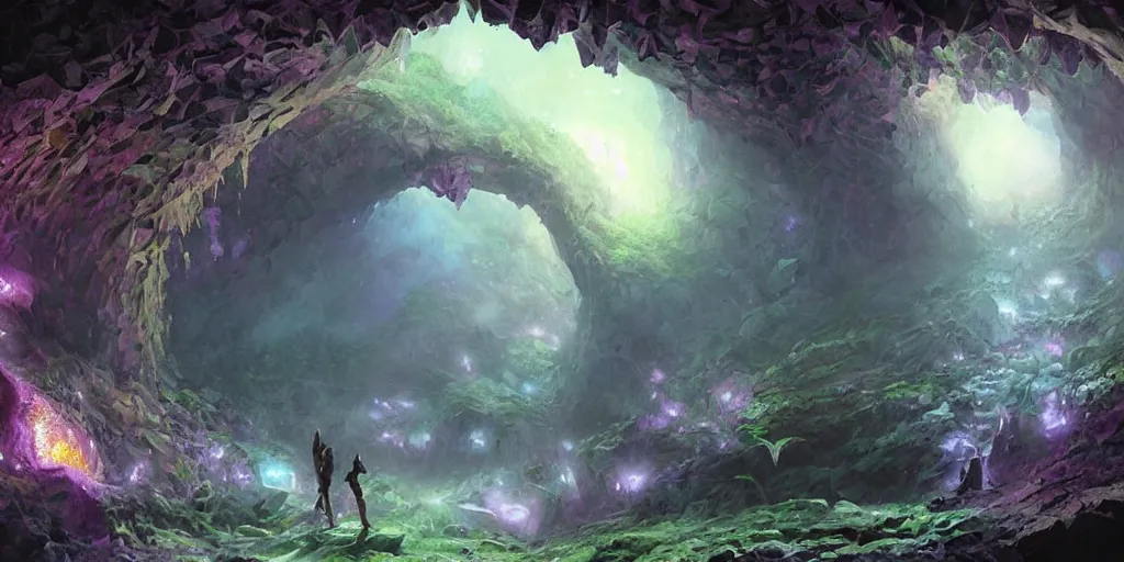 Image similar to beautiful hyper realistic zergling tunnel in cave of purple crystals, beautiful painting by greg rutkowski, atmosphere, ethereal, magic, amazing, positive vibes