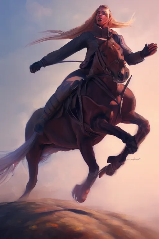 Image similar to a painting of a person riding a horse, a digital painting by mandy jurgens, tom of finland, trending on artstation, action painting, speedpainting, detailed painting, 2 d game art