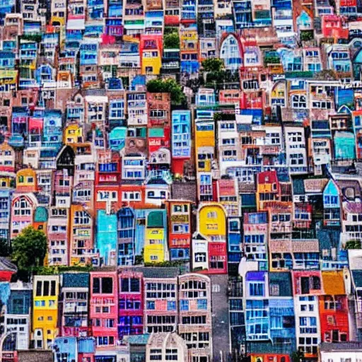 Prompt: A cityscape made up of thousands of tiny colorful houses. Photography.