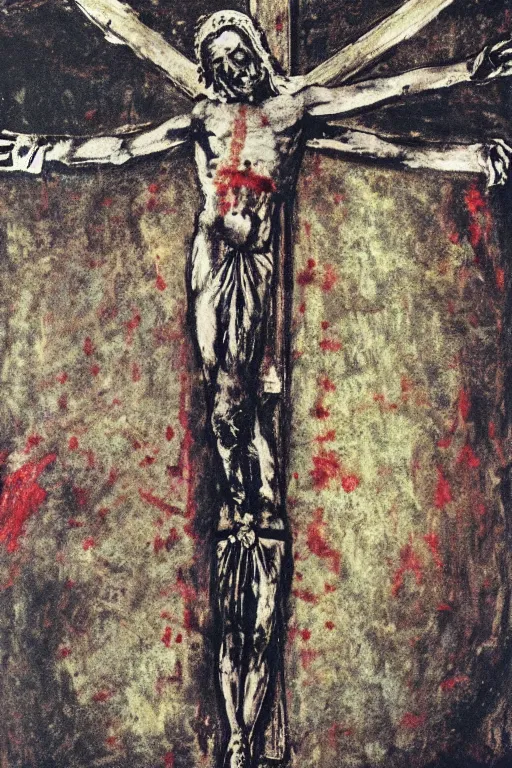 Image similar to bloody christ crucified and some bright ufo in the sky painted by cy twombly and andy warhol