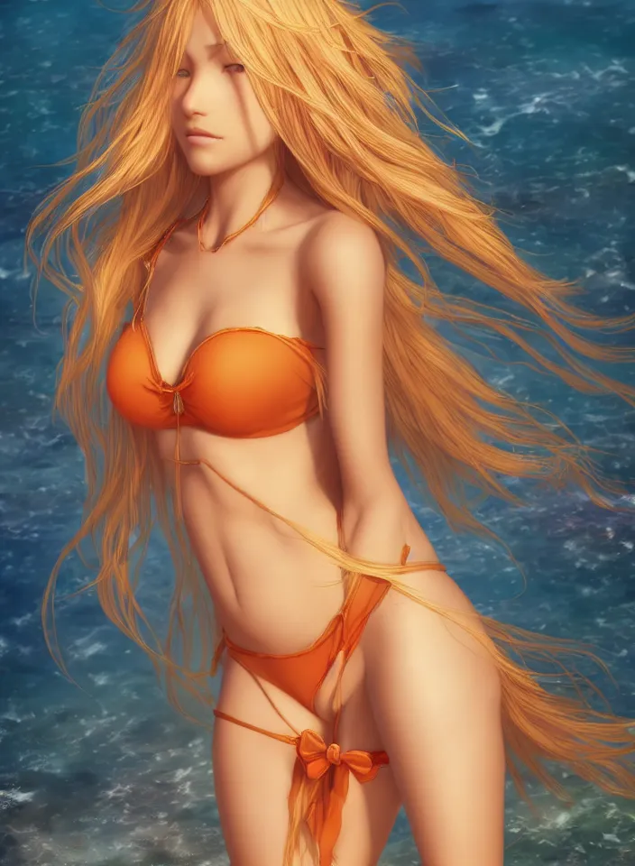 Prompt: beautiful blond woman in orange tribal bikini, long blond wild hair, by makoto shinkai, by eugene de blaas and ross tran, 8 k, high resolution render, cinematic color grading, intricately detailed, romantic, warm,