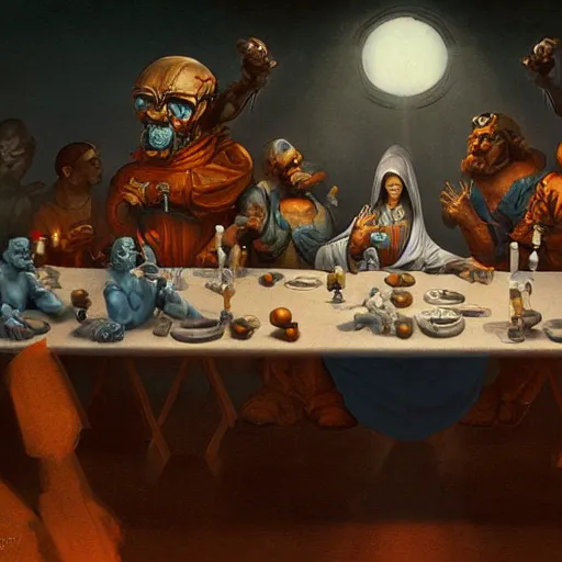 Image similar to the last supper of robots as apostles in leonardo da vinchi style. digital art, artstation, concept art, smooth, sharp focus, illustration, art by peter mohrbacher