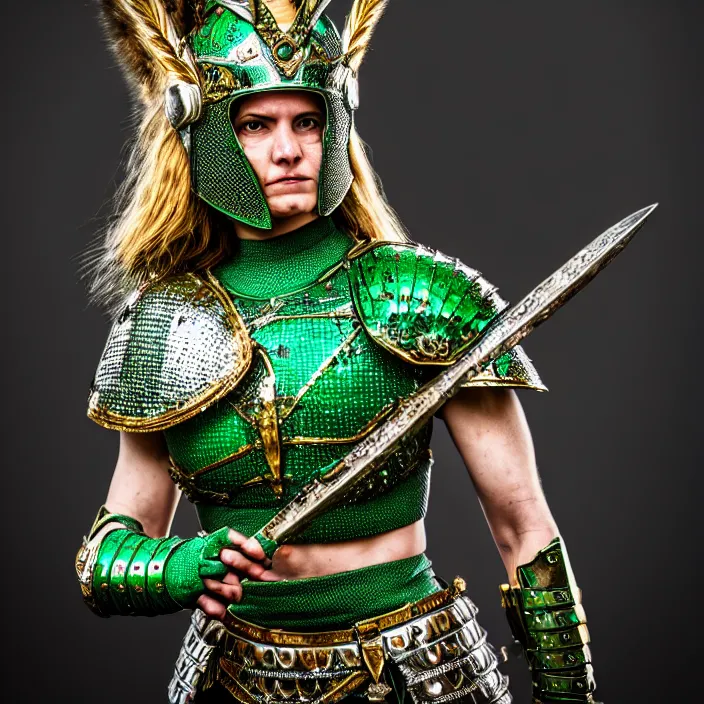 Image similar to full length photo of a beautiful strong warrior queen wearing emerald encrusted armour, highly detailed, 4 k, hdr, smooth, sharp focus, high resolution, award - winning photo