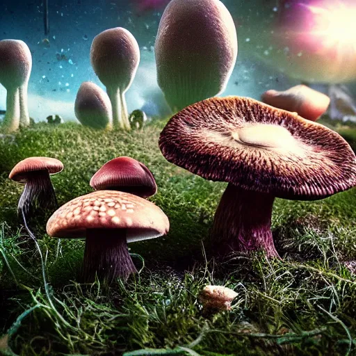 Image similar to ultra realistic hdr photo of mushrooms growing on an ancient alternative exotic alien planet in a galaxy far far away