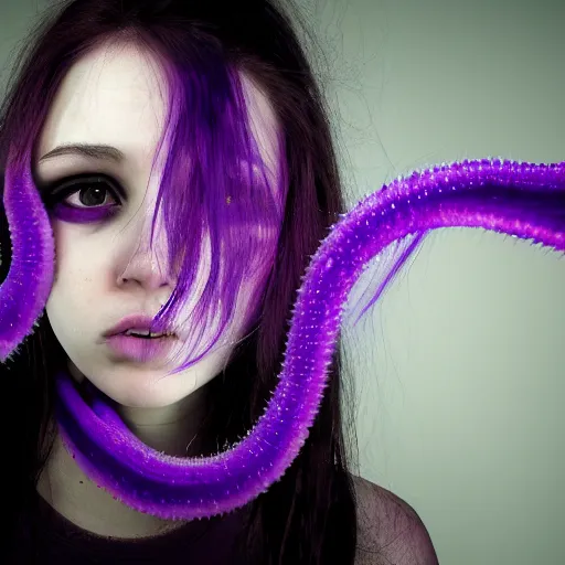 Image similar to detailed photo portrait of a furious teen girl with thin, hair-like purple tentacles on her head and bright purple eyes, 8k, trending on DeviantArt, face enhance,hyper detailed ,full of colour, dramatic lightning